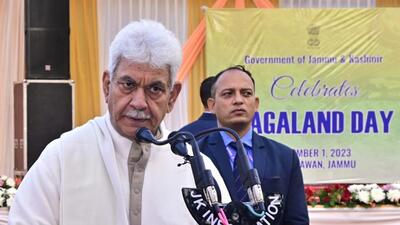 Jammu and Kashmir lieutenant governor Manoj Sinha addressing the Nagaland Statehood Day event at Raj Bhavan in Jammu on Friday. (HT Photo)