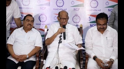 NCP Cheif Sharad Pawar (C) addressed media at Nisarg Karyalay near Market Yard in Pune on Saturday. (RAHUL RAUT/ HT PHOTO) NCP Cheif Sharad Pawar (C) addressed media at Nisarg Karyalay near Market Yard in Pune on Saturday. (RAHUL RAUT/ HT PHOTO)