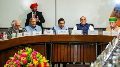 Defence Minister Rajnath Singh, Union Ministers Arjun Ram Meghwal, Pralhad Joshi, Congress MPs Jairam Ramesh and Pramod Tiwari and others during a meeting of the Minister of Parliamentary Affairs with floor leaders. (PTI) Defence Minister Rajnath Singh, Union Ministers Arjun Ram Meghwal, Pralhad Joshi, Congress MPs Jairam Ramesh and Pramod Tiwari and others during a meeting of the Minister of Parliamentary Affairs with floor leaders. (PTI)