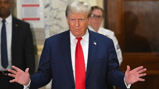 (FILES) Former US President Donald Trump speaks to the media during the third day of his civil fraud trial in New York on October 4, 2023. A US federal appeals court ruled December 1, 2023 that former president Donald Trump can be sued over the January 6, 2021 attack on the US Capitol that saw his supporters attempt to thwart certification of his election loss to Joe Biden. (Photo by ANGELA WEISS / AFP) (AFP)