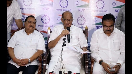 NCP Cheif Sharad Pawar (C) addressed media at Nisarg Karyalay near Market Yard in Pune on Saturday. (RAHUL RAUT/ HT PHOTO)