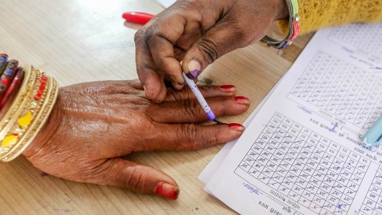 MP election results 2023: A polling official puts a mark with indelible ink on the finger of a voter prior to casting her vote at a polling booth for the Madhya Pradesh Assembly elections. MP election results 2023: A polling official puts a mark with indelible ink on the finger of a voter prior to casting her vote at a polling booth for the Madhya Pradesh Assembly elections.