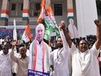 Telangana Congress workers celebrate their party's lead in the State assembly election at Gandhi Bhavan in Hyderabad. (ANI) Telangana Congress workers celebrate their party's lead in the State assembly election at Gandhi Bhavan in Hyderabad. (ANI)