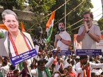 Telangana Election Results LIVE: Congress workers and supporters celebrate the party's lead during counting of votes for Telangana Assembly elections outside the Gandhi Bhavan in Hyderabad.(PTI)