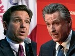Republican presidential candidate Florida Gov. Ron DeSantis speaks on Sept. 16, 2023, in Des Moines, Iowa, at left, and California Gov. Gavin Newsom, speaks on Sept. 12, 2023, in Sacramento, Calif. (AP Photo) Republican presidential candidate Florida Gov. Ron DeSantis speaks on Sept. 16, 2023, in Des Moines, Iowa, at left, and California Gov. Gavin Newsom, speaks on Sept. 12, 2023, in Sacramento, Calif. (AP Photo)