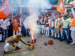 BJP workers and supporters celebrate the party's lead in Madhya Pradesh, Rajasthan and Chhattisgarh during counting of votes for the Assembly elections. BJP workers and supporters celebrate the party's lead in Madhya Pradesh, Rajasthan and Chhattisgarh during counting of votes for the Assembly elections.