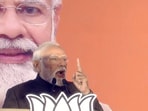 Prime Minister Narendra Modi addresses party workers at BJP headquarters in Delhi.