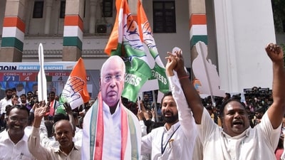 Telangana Congress workers celebrate their party's lead in the State assembly election at Gandhi Bhavan in Hyderabad. (ANI) Telangana Congress workers celebrate their party's lead in the State assembly election at Gandhi Bhavan in Hyderabad. (ANI)