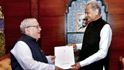 Rajasthan Chief Minister Ashok Gehlot tenders his resignation to State Governor Kalraj Mishra, in Jaipur on Sunday. (Raj Bhawan) Rajasthan Chief Minister Ashok Gehlot tenders his resignation to State Governor Kalraj Mishra, in Jaipur on Sunday. (Raj Bhawan)