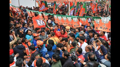 BJP candidate Balmukund Acharya arrives at party office after his victory in Rajasthan Assembly elections, in Jaipur. (PTI) BJP candidate Balmukund Acharya arrives at party office after his victory in Rajasthan Assembly elections, in Jaipur. (PTI)