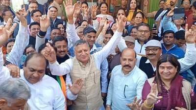 BJP’s ministers, leaders and members celebrated the party’s victory in three states. (HT Photo)