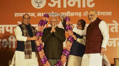 BJP swept Rajasthan, Madhya Pradesh and Chhattisgarh assembly elections (PTI) BJP swept Rajasthan, Madhya Pradesh and Chhattisgarh assembly elections (PTI)