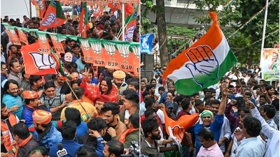 BJP and Congress workers celebrate their respective victories. (ANI/PTI) BJP and Congress workers celebrate their respective victories. (ANI/PTI)