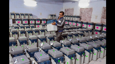 Bharatpur: EVMs and other election material kept at distribution centre on the eve of voting for Rajasthan Assembly elections, in Bharatpur, Friday, Nov. 24, 2023. (PTI) Bharatpur: EVMs and other election material kept at distribution centre on the eve of voting for Rajasthan Assembly elections, in Bharatpur, Friday, Nov. 24, 2023. (PTI)