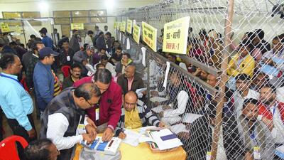 Counting of votes for the Madhya Pradesh Assembly elections underway at a centre in Jabalpur. (PTI) Counting of votes for the Madhya Pradesh Assembly elections underway at a centre in Jabalpur. (PTI)