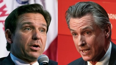 Republican presidential candidate Florida Gov. Ron DeSantis speaks on Sept. 16, 2023, in Des Moines, Iowa, at left, and California Gov. Gavin Newsom, speaks on Sept. 12, 2023, in Sacramento, Calif. (AP Photo) (AP) Republican presidential candidate Florida Gov. Ron DeSantis speaks on Sept. 16, 2023, in Des Moines, Iowa, at left, and California Gov. Gavin Newsom, speaks on Sept. 12, 2023, in Sacramento, Calif. (AP Photo) (AP)