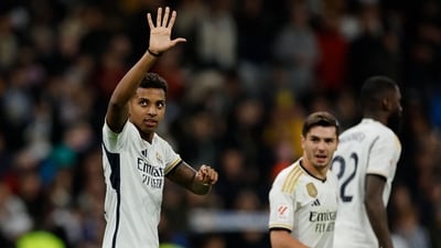Real Madrid's Brazilian forward #11 Rodrygo celebrates after scoring his team's second goal during the La Liga vs Granada FC at the Santiago Bernabeu stadium. (AFP) Real Madrid's Brazilian forward #11 Rodrygo celebrates after scoring his team's second goal during the La Liga vs Granada FC at the Santiago Bernabeu stadium. (AFP)