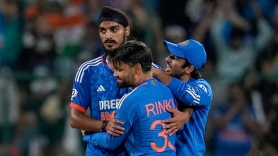 India’s Arshdeep Singh, left, celebrates with teammates Rinku Singh, center, and Ravi Bishnoi after their win (AP) India’s Arshdeep Singh, left, celebrates with teammates Rinku Singh, center, and Ravi Bishnoi after their win (AP)