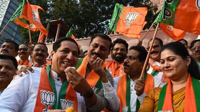 Navi Mumbai, India - Dec. 3, 2023:BJP party workers celebrate party's victory in Rajasthan, Madhya Pradesh and Chhattisgarh at Shivaji Maharaj Chowk Vashi in Navi Mumbai, India, on Sunday, December 3, 2023. (Photo by Bachchan Kumar/ HT PHOTO) (HT PHOTO) Navi Mumbai, India - Dec. 3, 2023:BJP party workers celebrate party's victory in Rajasthan, Madhya Pradesh and Chhattisgarh at Shivaji Maharaj Chowk Vashi in Navi Mumbai, India, on Sunday, December 3, 2023. (Photo by Bachchan Kumar/ HT PHOTO) (HT PHOTO)