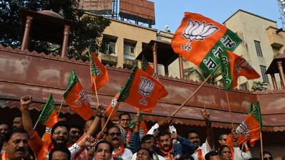 Navi Mumbai, India - Dec. 3, 2023:BJP party workers celebrate party's victory in Rajasthan, Madhya Pradesh and Chhattisgarh at Shivaji Maharaj Chowk Vashi in Navi Mumbai, India, on Sunday, December 3, 2023. (Photo by Bachchan Kumar/ HT PHOTO) (HT PHOTO) Navi Mumbai, India - Dec. 3, 2023:BJP party workers celebrate party's victory in Rajasthan, Madhya Pradesh and Chhattisgarh at Shivaji Maharaj Chowk Vashi in Navi Mumbai, India, on Sunday, December 3, 2023. (Photo by Bachchan Kumar/ HT PHOTO) (HT PHOTO)