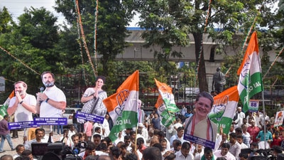 Hyderabad: Congress workers and supporters outside the party office during counting of votes for Telangana Assembly elections (PTI) Hyderabad: Congress workers and supporters outside the party office during counting of votes for Telangana Assembly elections (PTI)