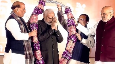 Prime Minister Narendra Modi with BJP National President J.P. Nadda, Defence Minister Rajnath Singh and Union Home Minister Amit Shah during celebrations after party's victory in elections to the Legislative Assemblies of Madhya Pradesh, Rajasthan and Chhattisgarh, at BJP headquarters, in New Delhi. (PTI) Prime Minister Narendra Modi with BJP National President J.P. Nadda, Defence Minister Rajnath Singh and Union Home Minister Amit Shah during celebrations after party's victory in elections to the Legislative Assemblies of Madhya Pradesh, Rajasthan and Chhattisgarh, at BJP headquarters, in New Delhi. (PTI)