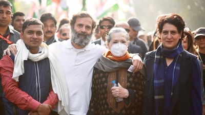 (File) Congress leader Rahul Gandhi with his mother and party leader Sonia Gandhi and his sister and General Secretary Priyanka Gandhi Vadra during the Bharat Jodo Yatra, (PTI) (File) Congress leader Rahul Gandhi with his mother and party leader Sonia Gandhi and his sister and General Secretary Priyanka Gandhi Vadra during the Bharat Jodo Yatra, (PTI)