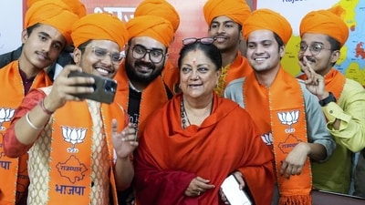 Rajasthan BJP leader and former chief minister Vasundhara Raje celebrating the party’s victory in the assembly elections with her supporters in Jaipur on Sunday. (AP) Rajasthan BJP leader and former chief minister Vasundhara Raje celebrating the party’s victory in the assembly elections with her supporters in Jaipur on Sunday. (AP)