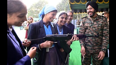 School students during the Military Lit Fest at the Sukhna Lake Sports Complex in Chandigarh on Saturday. (Ravi Kumar/HT) School students during the Military Lit Fest at the Sukhna Lake Sports Complex in Chandigarh on Saturday. (Ravi Kumar/HT)