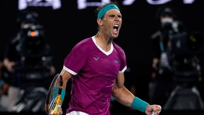Rafael Nadal of Spain reacts after winning the third set against Daniil Medvedev of Russia during the men's singles final at the Australian Open 2022 (AP) Rafael Nadal of Spain reacts after winning the third set against Daniil Medvedev of Russia during the men's singles final at the Australian Open 2022 (AP)