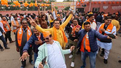 Though just around 42% of the votes were counted till 1.30pm on Sunday, the BJP was leading in 163 seats in the state, as against 64 for the Congress. (PTI) Though just around 42% of the votes were counted till 1.30pm on Sunday, the BJP was leading in 163 seats in the state, as against 64 for the Congress. (PTI)