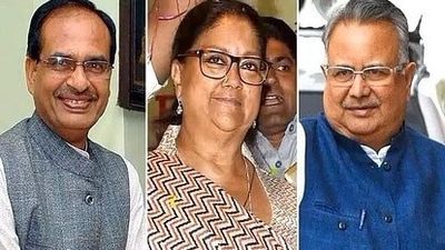 Madhya Pradesh CM Shivraj Singh Chouhan, Rajasthan BJP leader Vasundhara Raje and senior Chhattisgarh BJP leader Raman Singh. Madhya Pradesh CM Shivraj Singh Chouhan, Rajasthan BJP leader Vasundhara Raje and senior Chhattisgarh BJP leader Raman Singh.