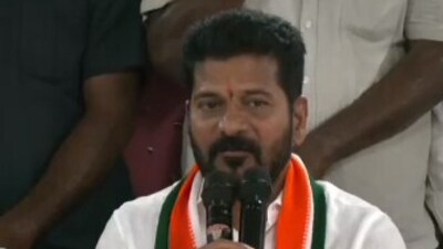 Telangana Congress chief Revanth Reddy addresses a briefing in Hyderabad. Telangana Congress chief Revanth Reddy addresses a briefing in Hyderabad.