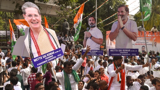 Telangana Election Results LIVE: Congress workers and supporters celebrate the party's lead during counting of votes for Telangana Assembly elections outside the Gandhi Bhavan in Hyderabad on December 3. Telangana Election Results LIVE: Congress workers and supporters celebrate the party's lead during counting of votes for Telangana Assembly elections outside the Gandhi Bhavan in Hyderabad on December 3.