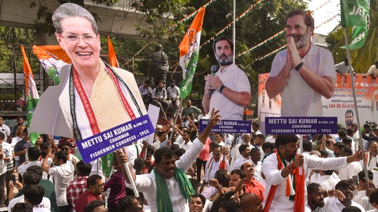 Telangana Election Results LIVE: Congress workers and supporters celebrate the party's lead during counting of votes for Telangana Assembly elections outside the Gandhi Bhavan in Hyderabad. Telangana Election Results LIVE: Congress workers and supporters celebrate the party's lead during counting of votes for Telangana Assembly elections outside the Gandhi Bhavan in Hyderabad.