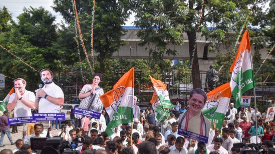 Hyderabad: Congress workers and supporters outside the party office during counting of votes for Telangana Assembly elections (PTI)