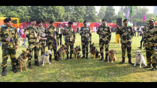 The four-legged furry soldiers stole the show with their skilled performances at Guru Angad Dev Veterinary and Animal Sciences University at its annual Dog Show-2023. (Gurpreet Singh/ HT)