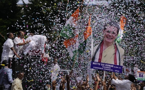 Telangana election result live; Congress workers celebrate after party's win in the state Telangana election result live; Congress workers celebrate after party's win in the state