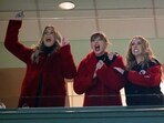 GREEN BAY, WISCONSIN - DECEMBER 03: (L-R) Lyndsay Bell, Taylor Swift and Brittany Mahomes react in a suite during the game between the Kansas City Chiefs and the Green Bay Packers at Lambeau Field on December 03, 2023 in Green Bay, Wisconsin.   Stacy Revere/Getty Images/AFP (Photo by Stacy Revere / GETTY IMAGES NORTH AMERICA / Getty Images via AFP)