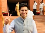 AAP MP Raghav Chadha flashes a victory sign after his suspension was revoked by the Rajya Sabha on Monday. AAP MP Raghav Chadha flashes a victory sign after his suspension was revoked by the Rajya Sabha on Monday.
