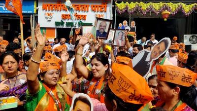 BJP workers celebrating as the party’s victory in Madhya Pradesh, Rajasthan, and Chhattisgarh assembly elections. (ANI) BJP workers celebrating as the party’s victory in Madhya Pradesh, Rajasthan, and Chhattisgarh assembly elections. (ANI)