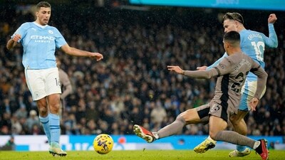Manchester City's Jack Grealish, right, scores his side's third goal during the Premier League match against Tottenham Hotspur at Etihad stadium. (AP) Manchester City's Jack Grealish, right, scores his side's third goal during the Premier League match against Tottenham Hotspur at Etihad stadium. (AP)