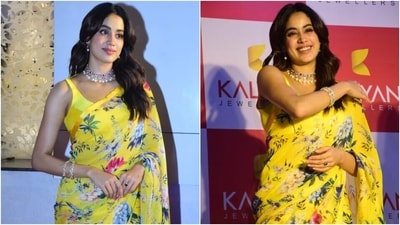 Janhvi Kapoor dances in a floral saree and sleeveless blouse at an event. (HT Photo/Varinder Chawla) Janhvi Kapoor dances in a floral saree and sleeveless blouse at an event. (HT Photo/Varinder Chawla)