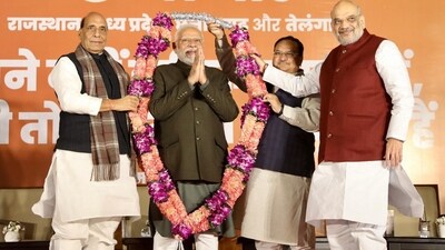Prime Minister Narendra Modi being felicitated by top BJP leaders after the assembly election results on Sunday. Prime Minister Narendra Modi being felicitated by top BJP leaders after the assembly election results on Sunday.