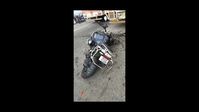 One of the damaged high-end bikes on KMP e-way. (HT Photo)