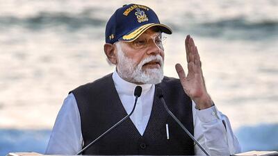 Prime Minister Narendra Modi addresses the gathering at the ‘Navy Day 2023’ celebrations in Sindhudurg district on Monday (PTI) Prime Minister Narendra Modi addresses the gathering at the ‘Navy Day 2023’ celebrations in Sindhudurg district on Monday (PTI)