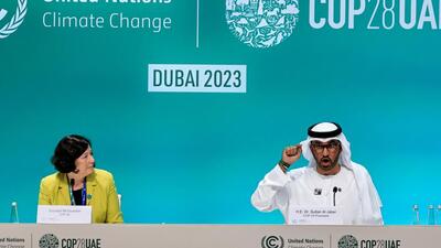 United Arab Emirates Minister of Industry and Advanced Technology and COP28 President Sultan Ahmed Al Jaber (right) and COP28 Director of Communications and Marketing Sconaid McGeachin attend a press conference at the United Nations Climate Change Conference (COP28) in Dubai, on Monday (REUTERS) United Arab Emirates Minister of Industry and Advanced Technology and COP28 President Sultan Ahmed Al Jaber (right) and COP28 Director of Communications and Marketing Sconaid McGeachin attend a press conference at the United Nations Climate Change Conference (COP28) in Dubai, on Monday (REUTERS)