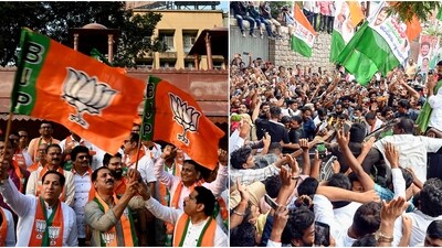 BJP and Congress celebrate respective victories in assembly elections. (ANI/PTI) BJP and Congress celebrate respective victories in assembly elections. (ANI/PTI)