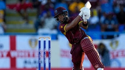 Shai Hope smoked 3 sixes in 4 balls to win the match for West Indies (AP) Shai Hope smoked 3 sixes in 4 balls to win the match for West Indies (AP)