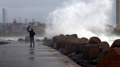 Tidal waves hit the coast under the influence of the 'Severe' Cyclone Michaung, at the Kasimedu fishing harbour, in Chennai on Sunday. (ANI) Tidal waves hit the coast under the influence of the 'Severe' Cyclone Michaung, at the Kasimedu fishing harbour, in Chennai on Sunday. (ANI)